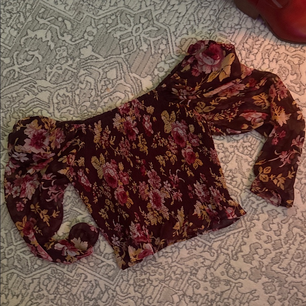 Express Maroon Floral Puff Sleeve Blouse